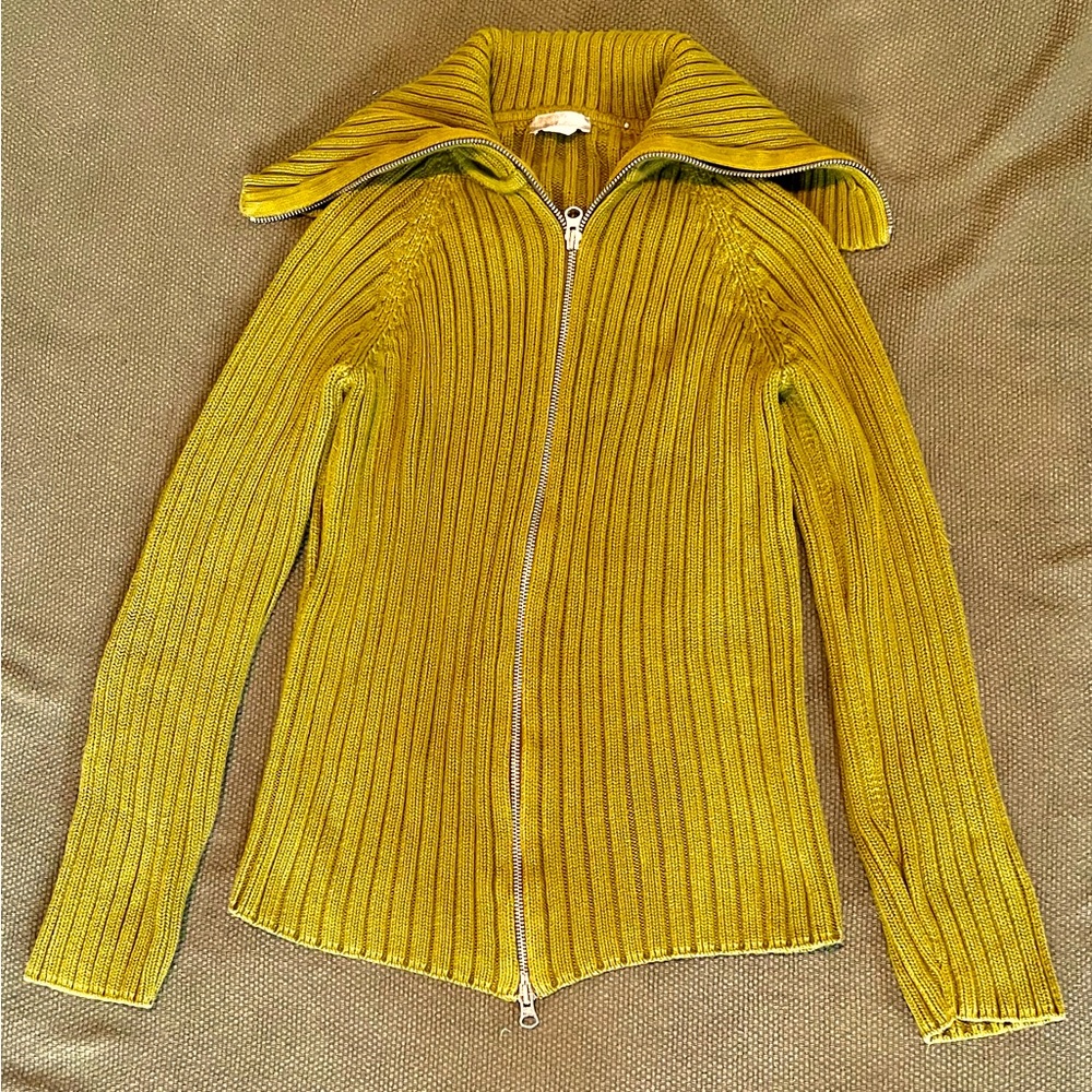 Vintage J Crew Zippered Cotton Ribbed Cardigan with Wide Collar S Pre Owned